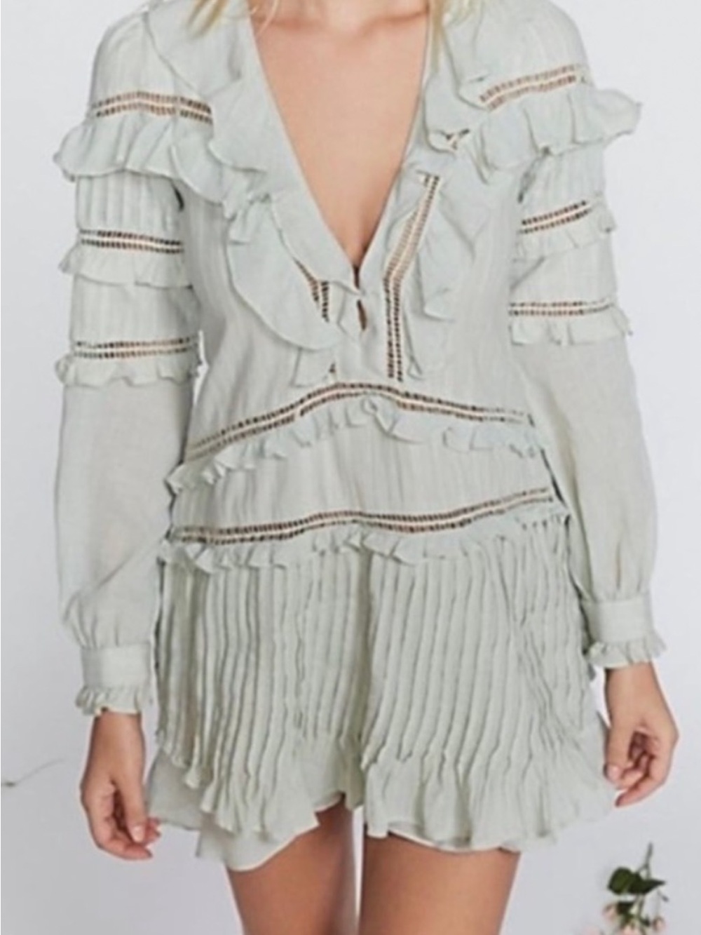 For Love and Lemons Ziggy Pintuck Sage Green Dress LIKE NEW Large Mini Bohemian.